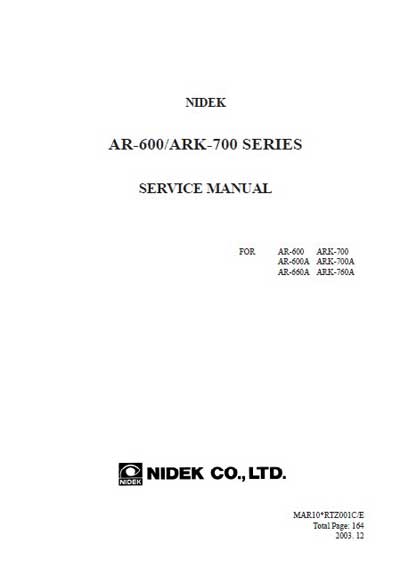 Сервисная инструкция, Service manual на Офтальмология Авторефкератометр AR-600/ARK-700 Series