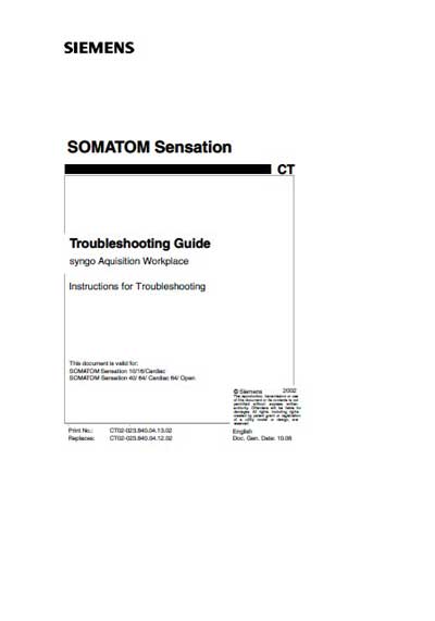 Инструкция, руководство по ремонту, Repair Instructions на Томограф Somatom Sensation