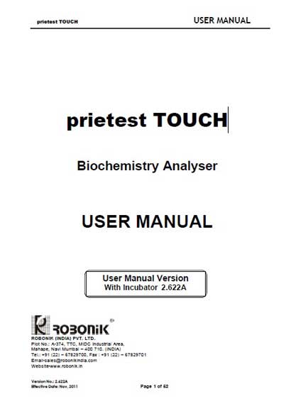 Инструкция пользователя, User manual на Анализаторы Prietest Touch (Robonik)