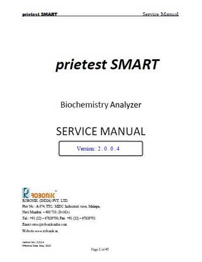 Сервисная инструкция, Service manual на Анализаторы Prietest Smart (Robonik)