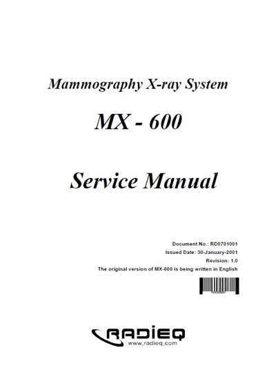 Сервисная инструкция Service manual на Маммограф MX-600 (Radieq) [---]