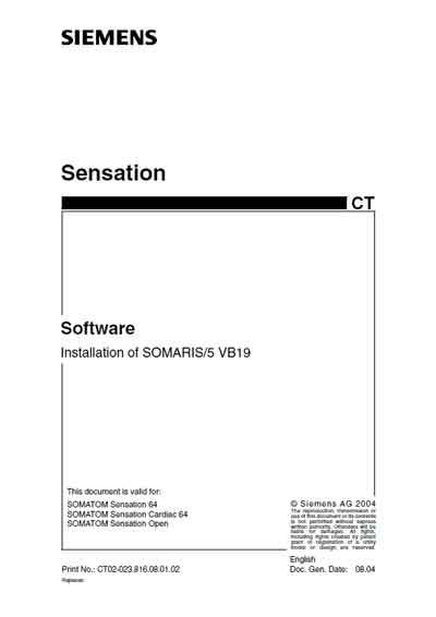 Инструкция по установке, Installation Manual на Томограф Somatom Sensation (Installation of SOMARIS)