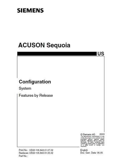 Справочные материалы, Reference manual на Диагностика-УЗИ Acuson Sequoia (Features by Release)