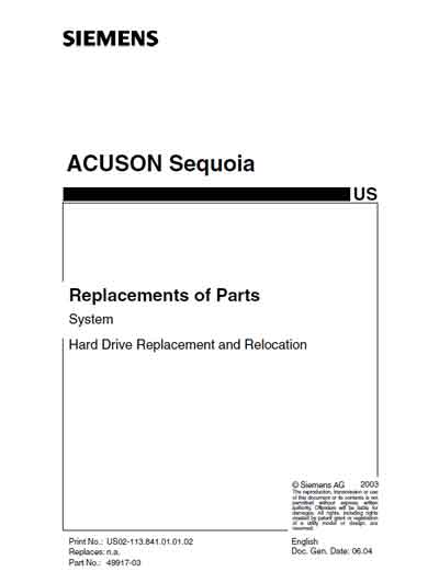 Техническая документация Technical Documentation/Manual на Acuson Sequoia (Hard Drive Replacement and Relocation) [Siemens]