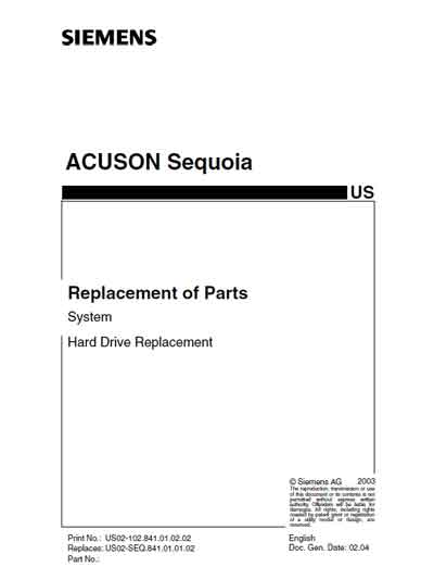 Техническая документация, Technical Documentation/Manual на Диагностика-УЗИ Acuson Sequoia (Hard Drive Replacement)