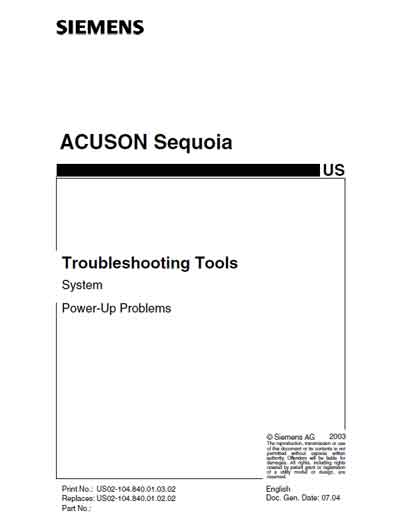 Инструкция по наладке, Adjustment Instruction на Диагностика-УЗИ Acuson Sequoia (Power-Up Problems)